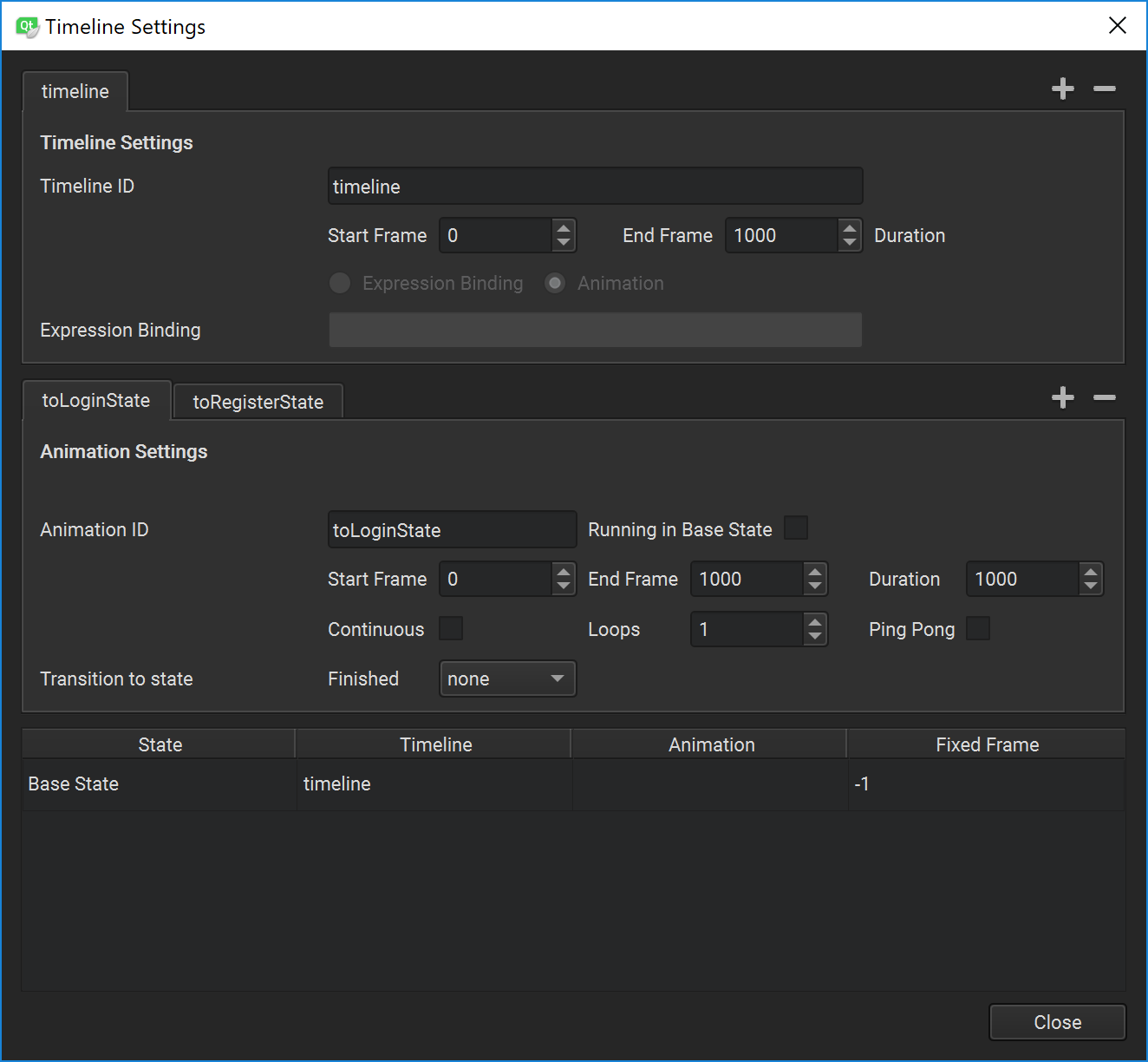 Panneau de configuration de la ligne de temps dans Qt Design Studio