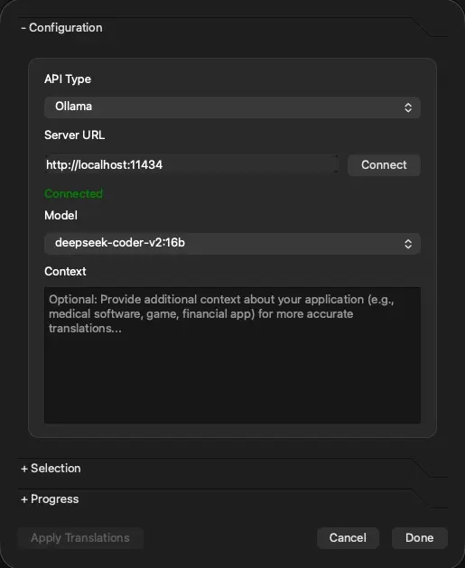 Capture d'écran du dialogue de traduction de Qt Linguist AI - Configuration