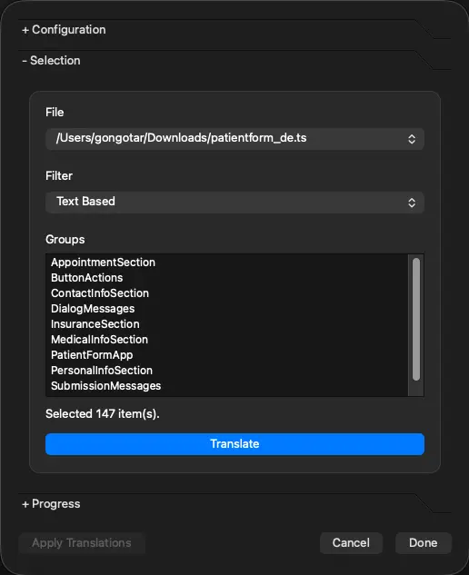 Capture d'écran du dialogue de traduction de Qt Linguist AI - Sélection
