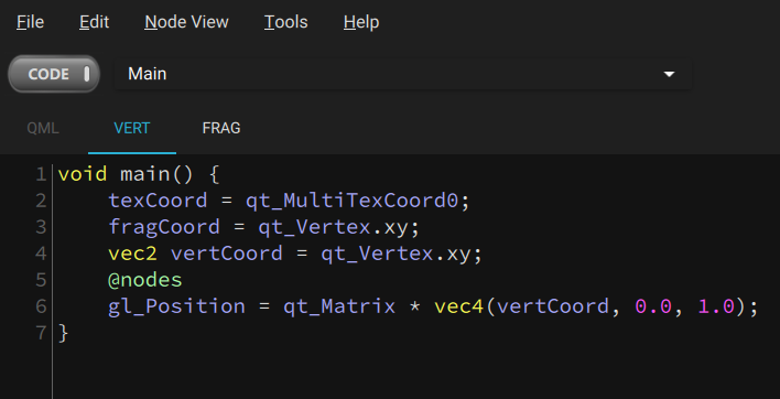 L'éditeur de code avec l'onglet VERT sélectionné montre le vertex shader