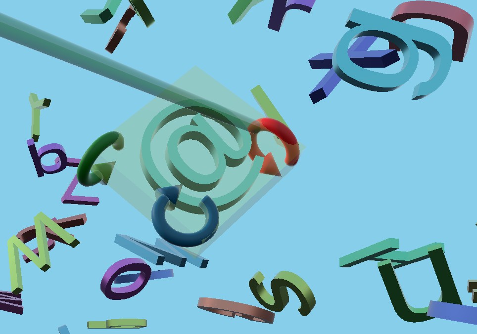 Scène en 3D avec des lettres et des formes colorées flottant dans l'espace