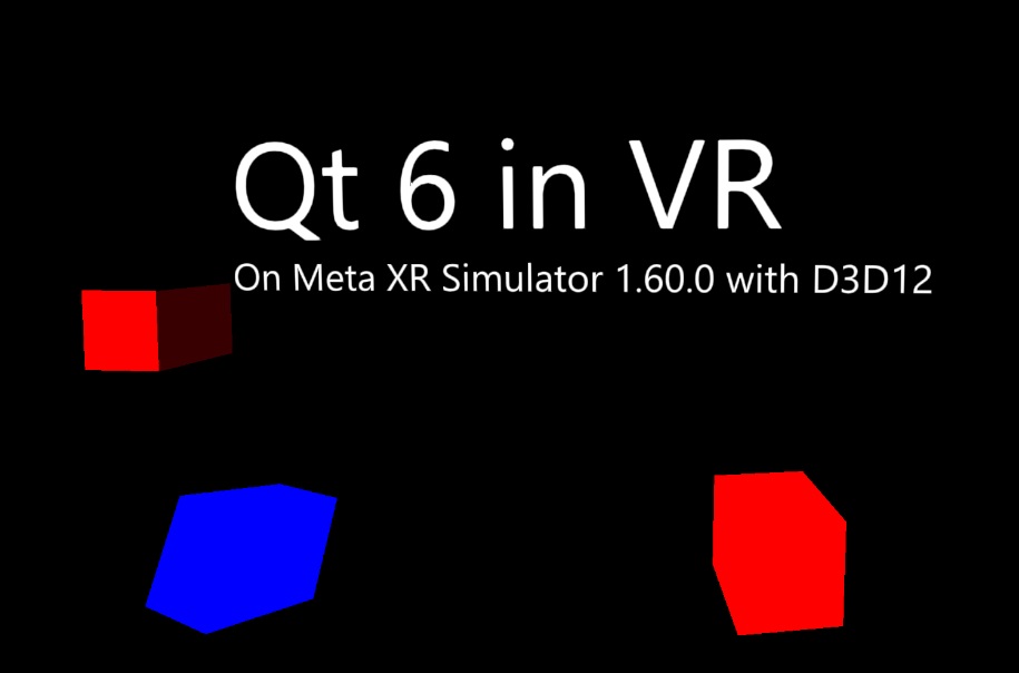 Scène VR avec le texte Qt 6 en VR et trois cubes colorés