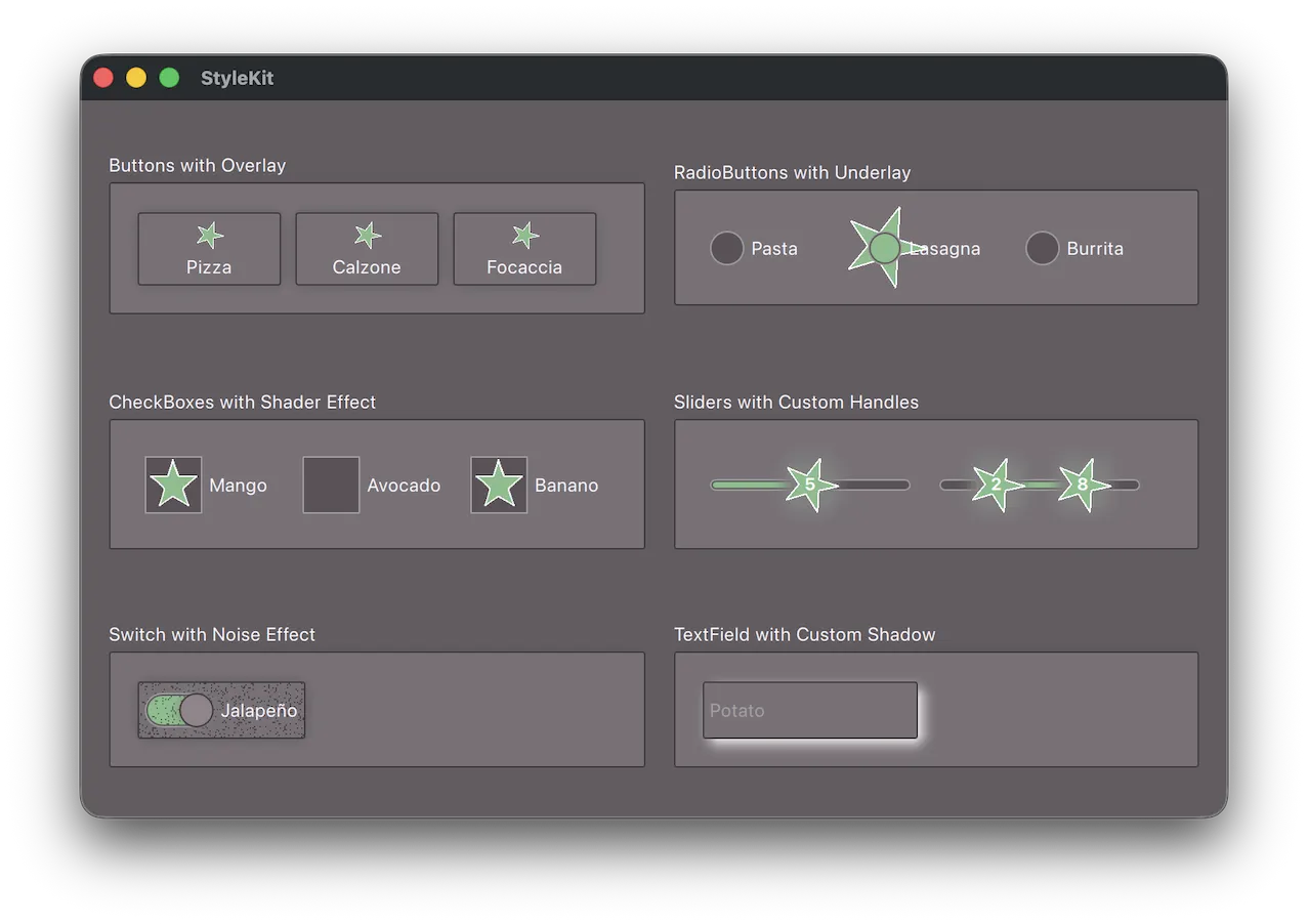 StyleKit Custom Delegates Example showing controls with shader effects and custom overlays