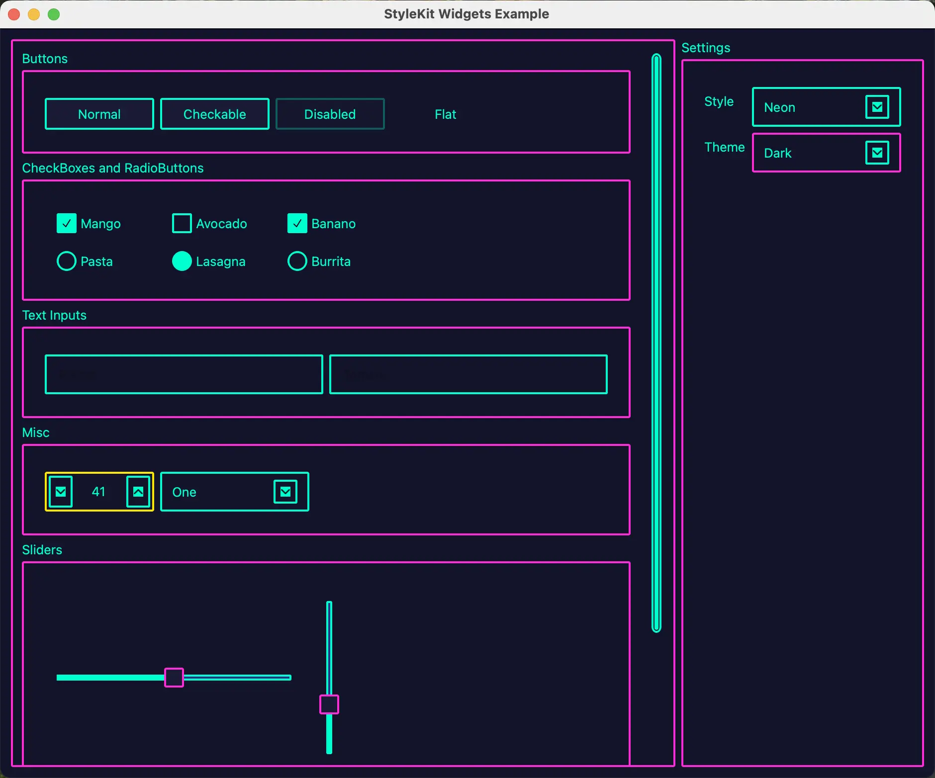 StyleKit Widgets Example showing buttons, sliders, and a settings panel
