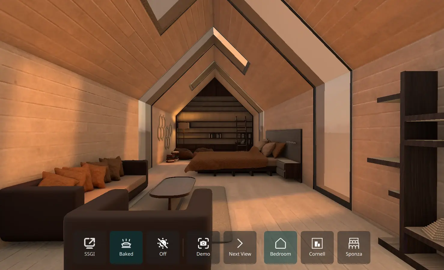 A 3D scene showing a cabin bedroom