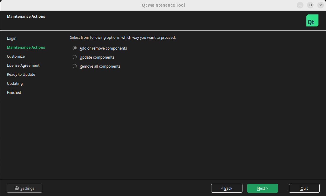 Qt Maintenance Toolでのコンポーネントの追加、削除、更新