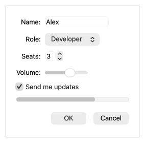 macOS 스타일의 텍스트 입력란, 콤보 박스, 스핀 박스, 슬라이더, 체크박스, 진행률 표시줄 및 버튼이 포함된 양식