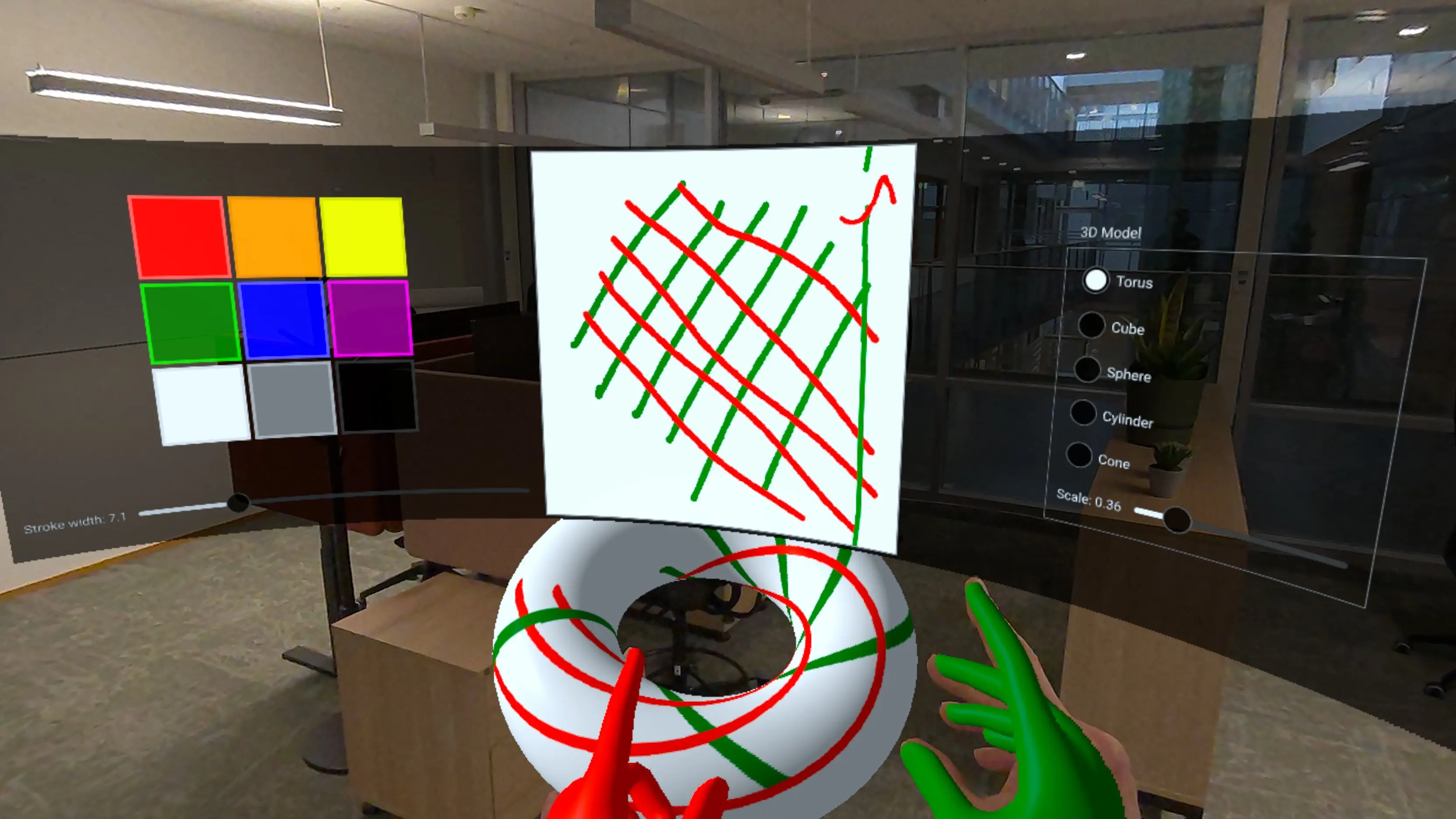 显示曲面用户界面面板和可喷涂 3D 物体的示例