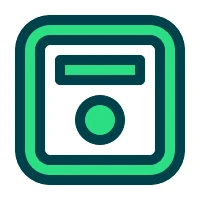 Green rounded square outline enclosing a rounded hole that contains a solid bar and dot