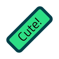 Green rounded rectangle rotated 45 degrees with the text Cute! rotated along it