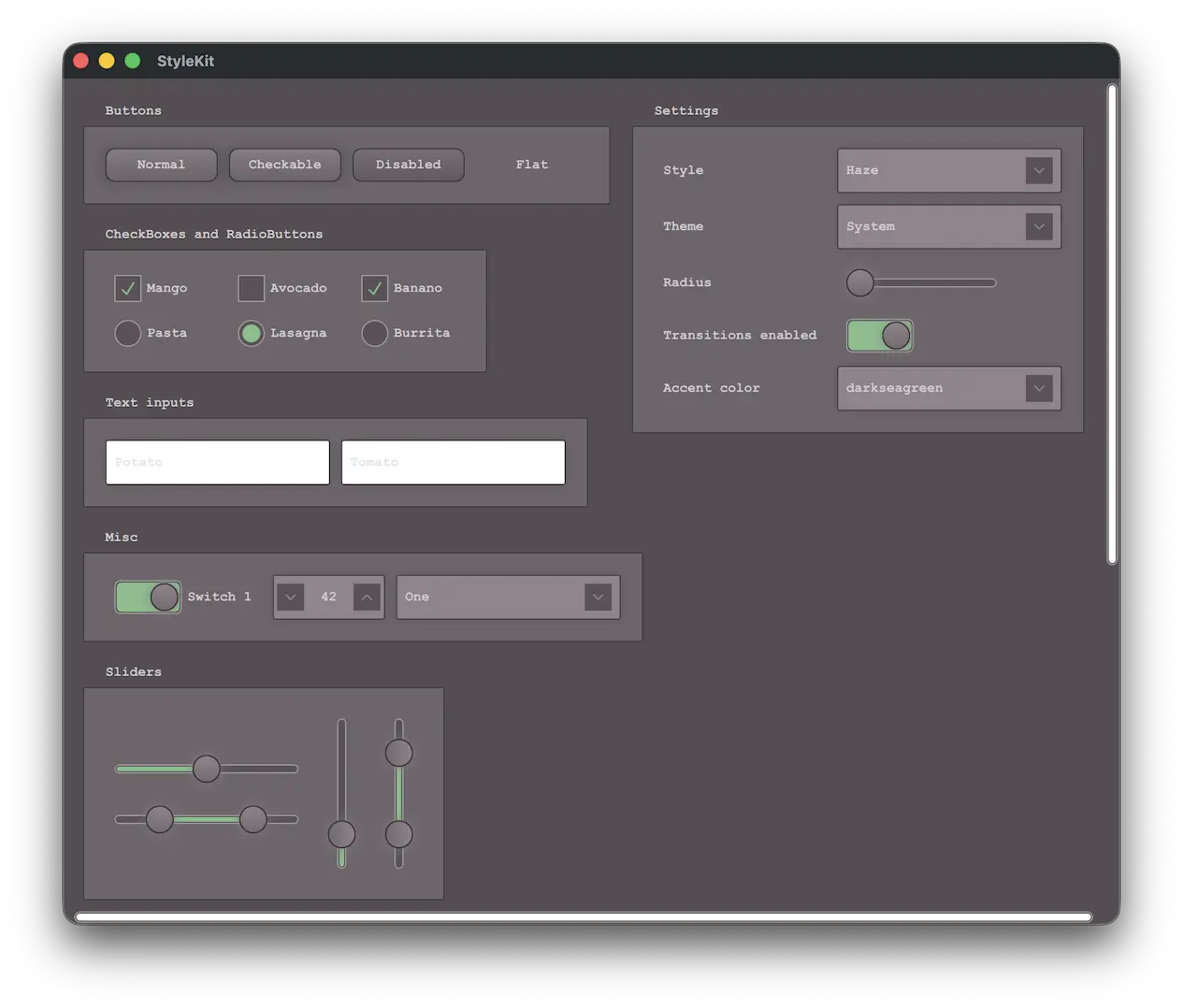 StyleKit demo showing buttons, checkboxes, sliders, and settings