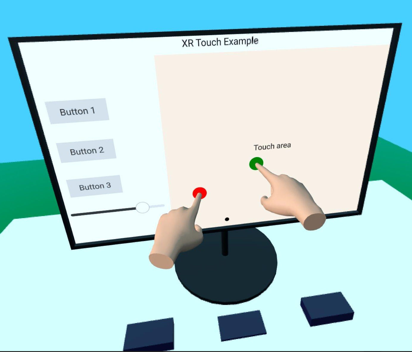 Virtual screen labeled XR Touch Example with three buttons
