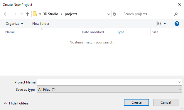 "Create new project dialog window"