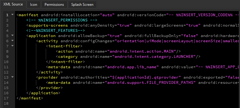 XML izvorni uređivač Android manifesta