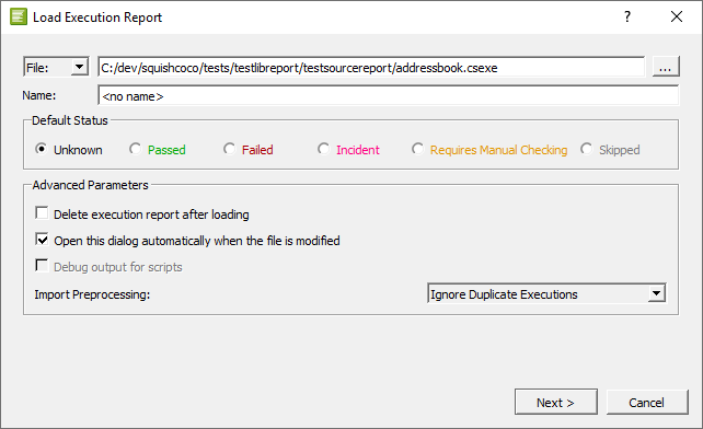 "Load Execution Report dialog"