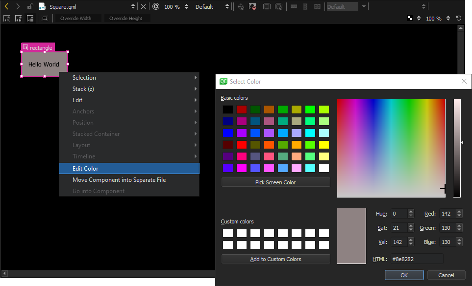 Selecting Edit Color from the context menu in the 2D view.