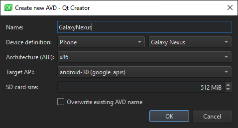 "Create New AVD dialog"