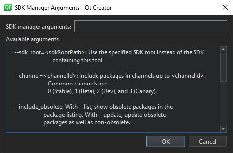 {Android SDK Manager Arguments dialog}