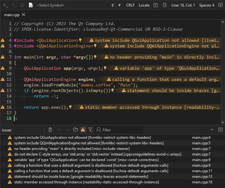 Clang diagnostics shown in the editor and Issues view