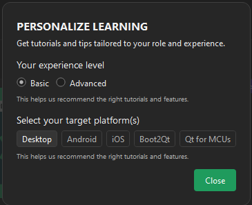 Personalize Learning dialog