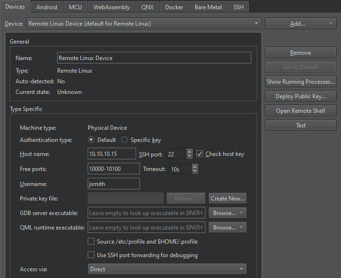 "Remote Linux Device in the Devices tab"