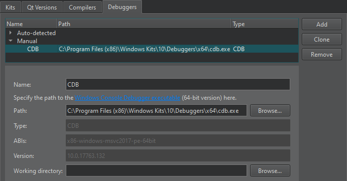 {Debuggers tab in Kits preferences}