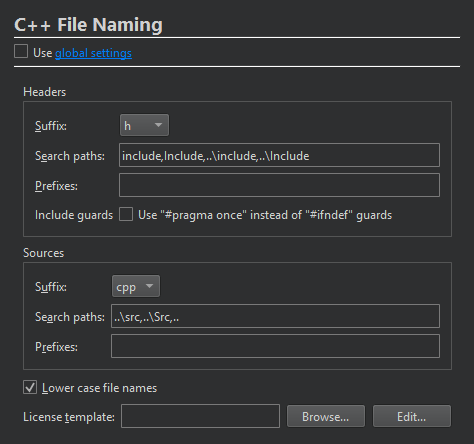 {C++ File Naming settings for a project}