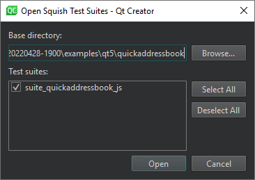 "Open Squish Test Suites dialog"