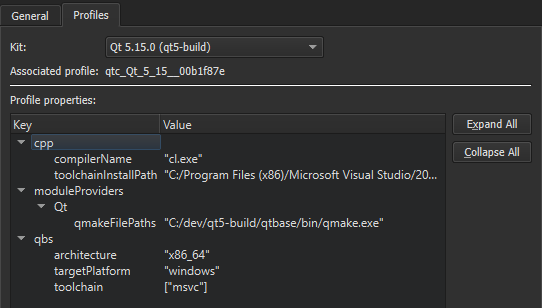 Qbs環境設定のプロファイルタブ