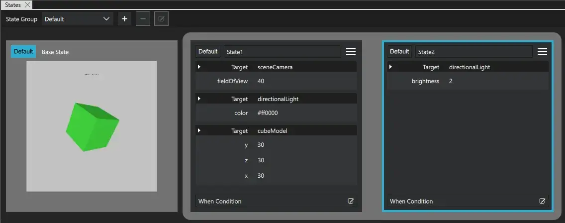 Statesビューの3つの状態、State2はState1から拡張されている。