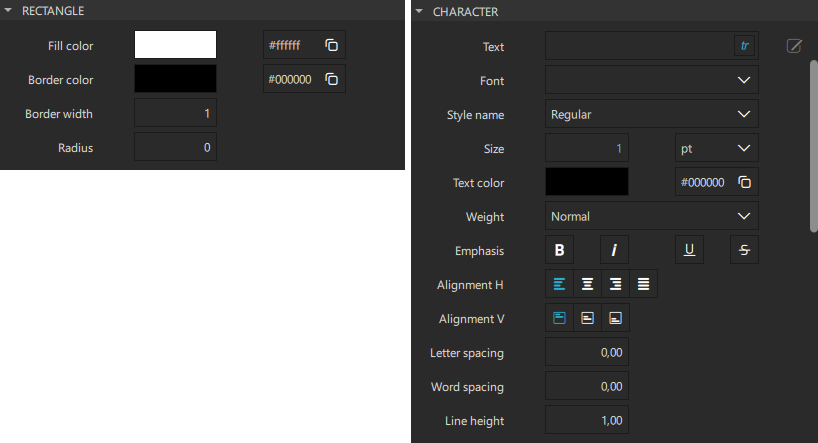 プロパティ」ビューの「矩形」タブと「テキスト」タブ。