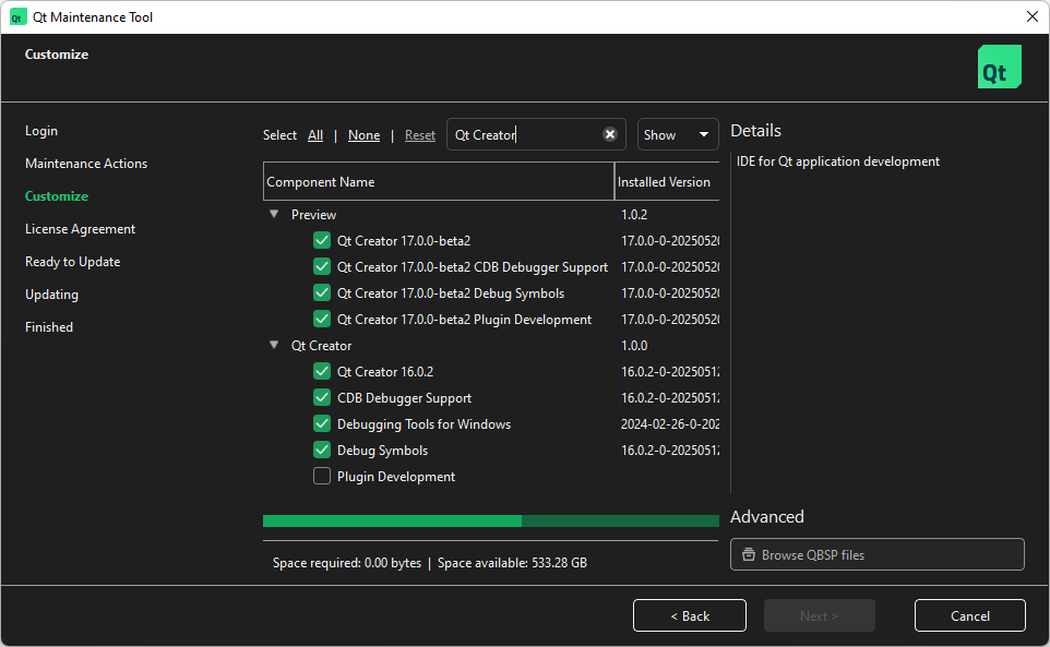 Qt Online Installer でフィルタリングされた Qt Creator インストーラ