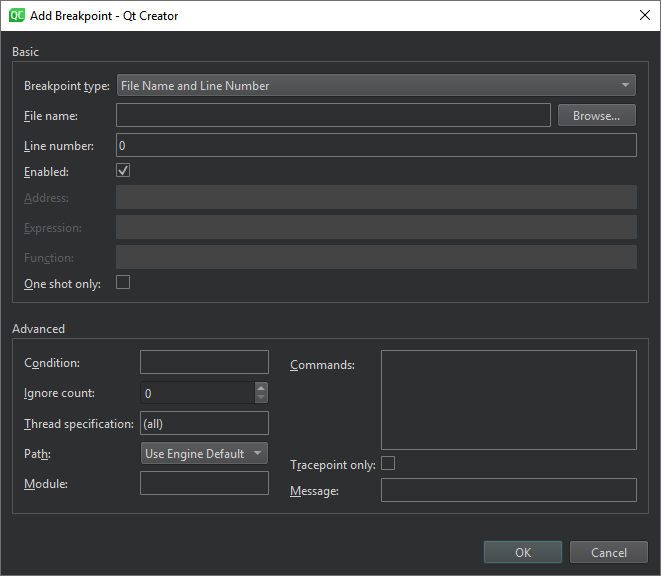 ブレークポイントの追加ダイアログ