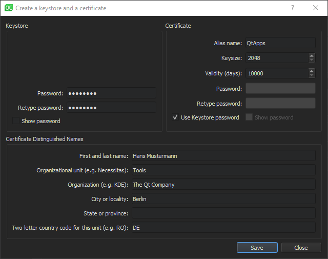 鍵ストアと証明書の作成ダイアログ