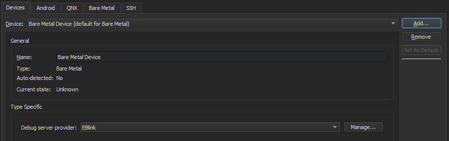 デバイス」環境設定の「ベアメタル」タブ