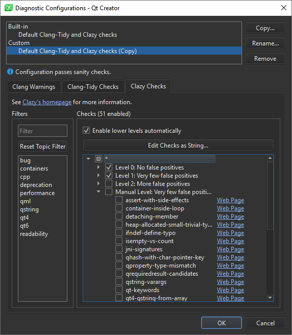 Diagnostic Configurations ダイアログの Clazy Checks タブ