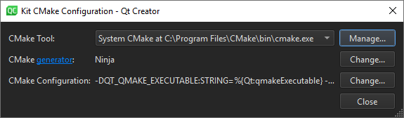Kit CMake 設定ダイアログ