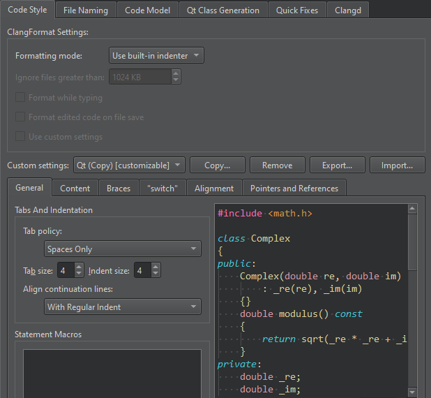 組み込みインデンターのコードスタイル設定