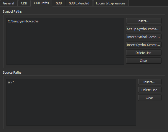 デバッガ環境設定のCDBパスタブ