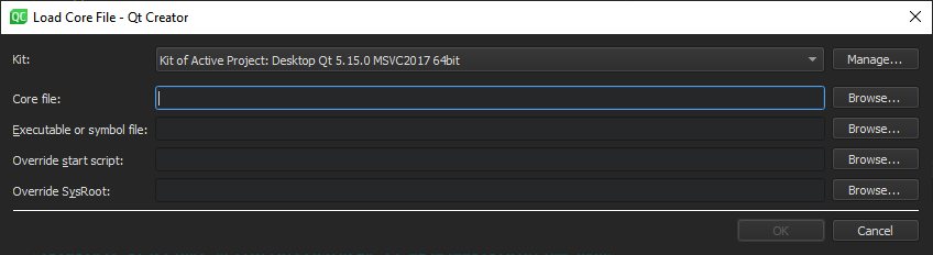 コアファイルの読み込みダイアログ