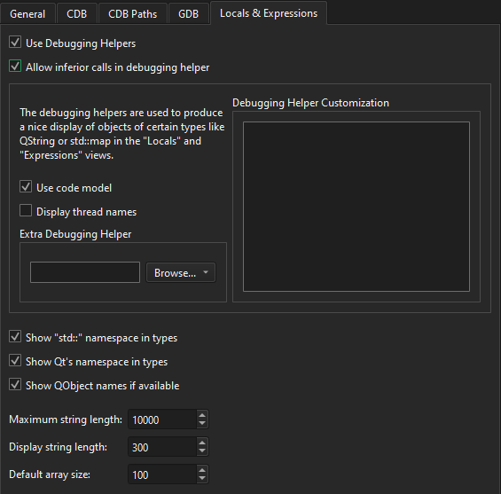 デバッガ環境設定の「ローカルと式」タブ