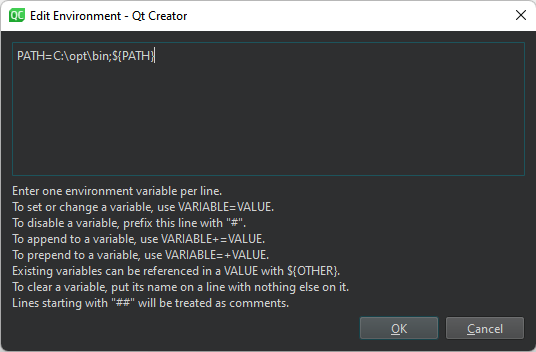 環境の編集ダイアログ