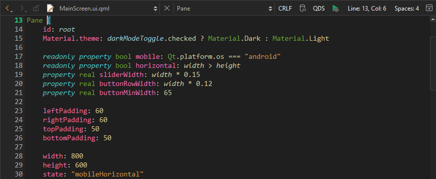 QML UIファイルのエディタツールバー