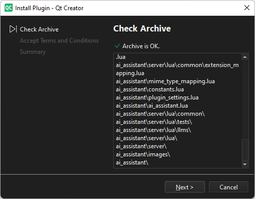 Install PluginウィザードのCheck Archiveページ