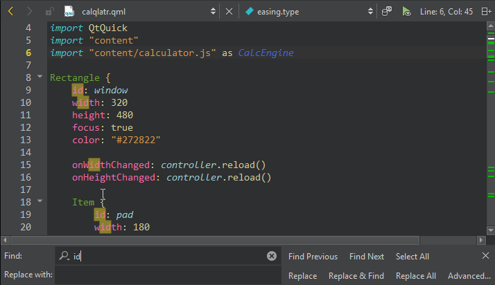 エディターでハイライトされた検索ヒット