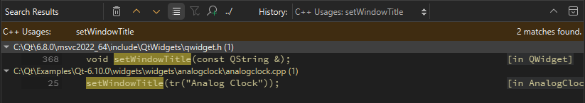 検索結果ビューで見つかったシンボル