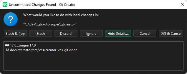 未コミットの変更が見つかりましたダイアログ