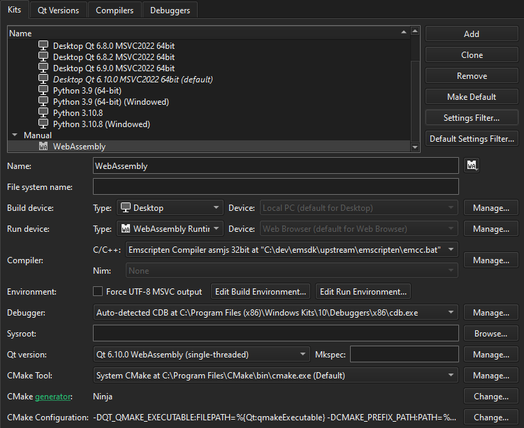 WebAssemblyキットは、Kits環境設定のKitsタブにあります。