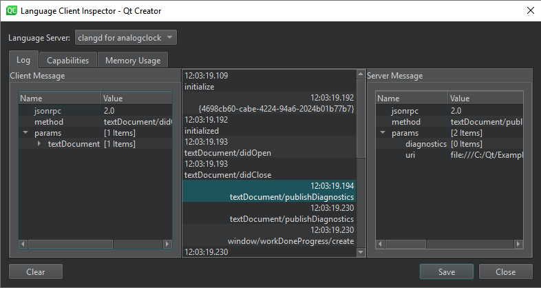 言語クライアント・インスペクタ・ダイアログ