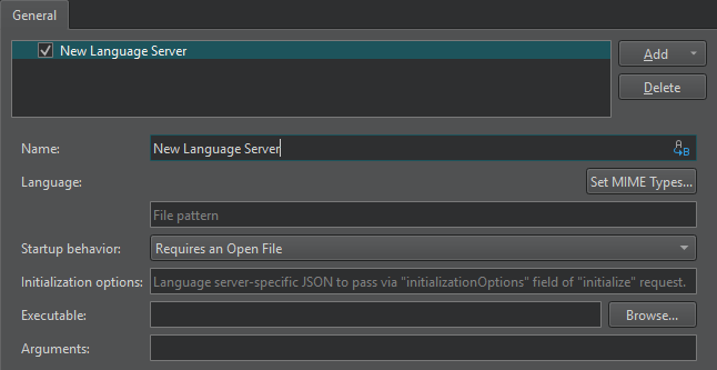 言語クライアント環境設定の一般タブにある汎用StdIO言語サーバ